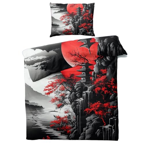 Japanische Bettwäsche 135x200 - Chinesische Asiatische Bettbezug 135 x 200 2er Set, Weiche & Angenehme Mikrofaser Bettbezüge & Kissenbezug, Bettwäsche-Sets mit Reißverschluss U#&-224