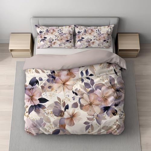 Generisch Bettwäsche-Sets Lavendel Purpur 2teilig Bettbezug 135 x 200 cm + 1 Kissenbezug 80 x 80 cm, Aquarell Pink Blumen Wendebettwäsche mit Reißverschluss Bügelfrei und Weich