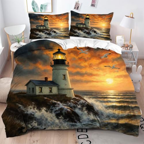 Gumntun Bettwäsche 200×220 cm 3 Teilig 3D Leuchtturm MöWe, Bettwäscheset aus 100% Mikrofaser, Weich und Bügelfrei Steppdeckenbezug mit 2 Kissenbezug 80X80 cm_B7560
