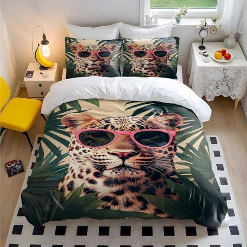 Bettbezug-Set mit pinkem Leoparden-Dschungeldruck, lustige Sonnenbrille, Tierdruck, Bettwäsche-Sets für Mädchen, Teenager, Frauen, weiche Mikrofaser, Bettdeckenbezug (Stil 2, Einzelbett 135 x 200 cm +