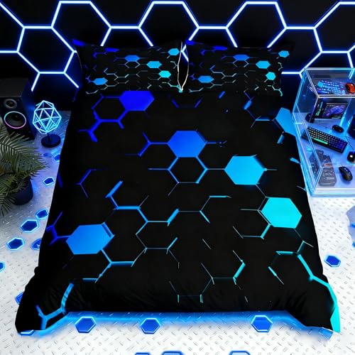 Manfei Kinder 3D Waben Bettbezug Set S Größe,Neon Hellblau Schwarz Hexagon Bettwäsche Set Jungen Videospiele Tröster Abdeckung Teens Moderne Mode Geometrie Quilt Cover,1 Kissenbezug