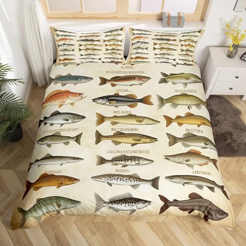 Homewish Fisch Bettwäsche Sets 135x200 Ozean Thema Bettbezug für Jungen Mädchen Kinder Vintage Stil Tröster Bezug Geometrie Gestreifte Tagesdecke Angeln und Jagd Thema Bettwäsche