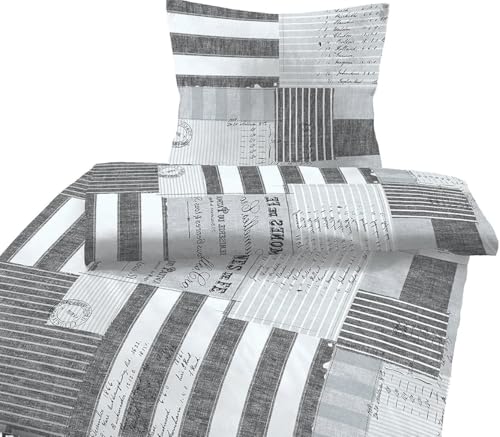 Soma Fein-Biber Bettwäsche Set 155x220 2tlg grau anthrazit | Kissen 80x80 cm | Karo Streifen Schrift
