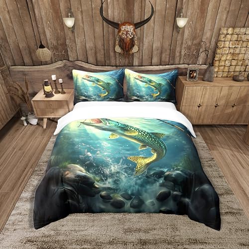 Loussiesd Big Hecht Fisch 100% Baumwolle Bettwäsche Set 135x200cm Fischen und Jagen Bettbezug für Kinder Jungen Mädchen Zimmer Dekor Fischer Fisch Mann Betten Fischen Bettwäsche-Set