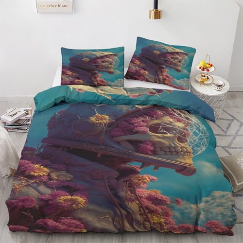 Blumen Totenkopf Bettwäsche 155x220 3teilig, Rose Skelett Bettwäsche-Set 155x220cm, Mikrofaser 1 Wende Bettbezüge 155x220 mit 2 Kissenbezug 80x80cm und Reißverschluss, Weich & Bügelfrei