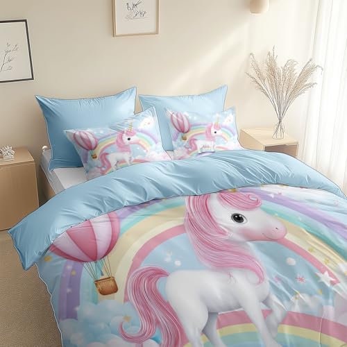 Generisch Bettbezug Set Seide Glatt Luxus 155 X 220 cm Mit 2 Kissenbezug 80 X 80 cm, Bettwäsche Kühlend Weich Regenbogen Einhorn Cartoon Stil, Deckenbezug Hypoallergen Hellblau Generisch Bettbezug Set Seide Glatt Luxus 155 X 220 cm Mit 2 Kissenbezug 80 X 80 cm, Bettwäsche Kühlend Weich Regenbogen Einhorn Cartoon Stil, Deckenbezug Hypoallergen Hellblau