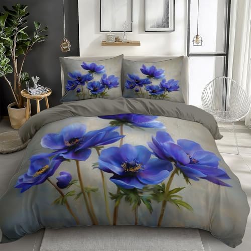 CozyRest Ölgemälde Blau-Violette Anemone Bettwäsche Set Grau Bettdeckenbezug mit Reißverschluss Pflegeleicht Mikrofaser Hypoallergen 155 x 220 cm 2 Kissenbezug 80x80 cm
