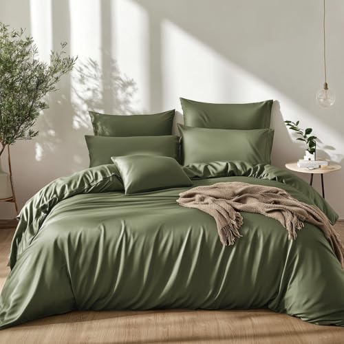 Lanqinglv Bettwäsche 155x220 cm aus 100% Bambus Lyocell,Grün Mako Satin Bettwäsche Set Kühlende mit Reißverschluss,Oeko-TEX Zertifiziert,Luxus Glatt Bettbezug 155x220 und 1 Kissenbezug 80x80