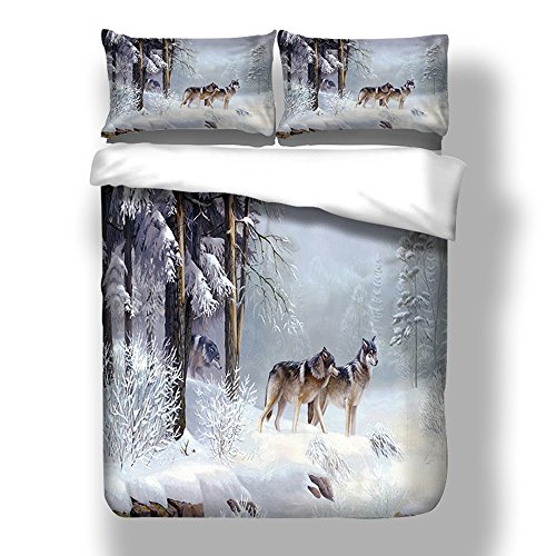 Bettbezug Set 135x200cm 3D Tier Tiger Zebra Wolf Katze gedruckt Bettbezug mit Kissenbezügen Soft Polyester Microfaser Bettwäsche Set für Kinder, Jungen, Mädchen (Schneewolf)