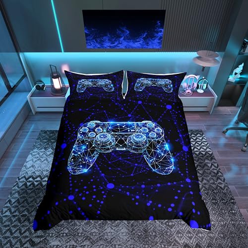 Loussiesd Gaming Gamer Bettwäsche Set 135x200cm Blau Geometric Betten Luxus Beehive Gamepad Bettbezug 3D Streifen Line Drucken Bettwäsche-Set Moderne Kunst