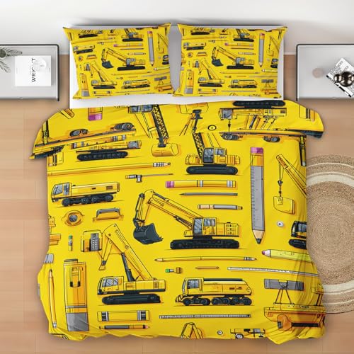Generisch Bettwäsche 135x200 2 Teilig Gelb Bagger, Ingenieurfahrzeug Wendebettwäsche, Jungen Mädchen Kinder Bettbezug Microfaser mit 1 Kissenbezug und Reißverschluss W138p