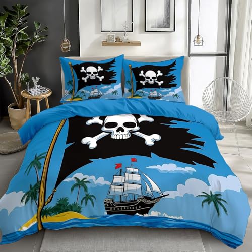 Bettwäsche Set 135 x 200 cm Piraten Totenköpfe Segelboote Bettbezug 3 teilig Weich Mikrofaser Bettwaren, Pullover Blau Bettwäsche-Set für Kinder Teenager ReißVerschluss Mit 2 Kissenbezug 80x80 cm