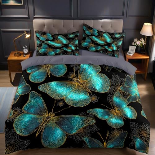 Schmetterling Gold Textur Bettwäsche 155x220 cm TüRkis Bettwäsche-Sets Mikrofaser weich atmungsaktiv Bettbezug mit 2 Kissenbezug 80x80 für Kinder Jugendliche Erwachsene
