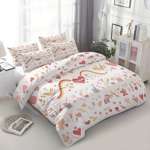 Quixora Bettwäsche-Set, Liebe Herz Regenbogen Pfeil Bettwäsche-Set für Jungen und Mädchen, Modernes Bettdecken-Set mit 2 Kissenbezügen-Paare Raumdekoration- 3-teilig