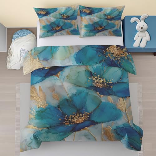 Generisch Türkis Gold Blumen Bettwäsche 155x220, Marmor Floral Muster Bettwäsche-Sets, Abstrakte Modern Mikrofaser mit Reißverschluss 3 Teilig, Enthält 1 Bettbezug und 2 Kissenbezuge 80x80 nAL104