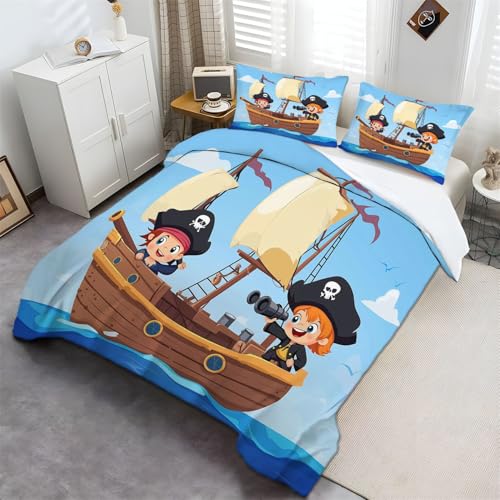 Bettbezug Bettwäsche Bettgarnitur, Cartoon-Piraten Für Kinder Design Bettbezug mit Kissenbezug, 135 x 200 cm, Reißverschluss Weich und Bügelfrei Blau, Braun