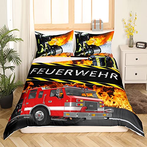 Loussiesd Feuerwehr Themen Bettwäsche-Set,Feuerwehr wagen Bettwäsche 135x200cmfür Jungen Kinder Jugendliche Zimmer Dekorativ Fahrzeug-Auto-Bettbezug-S et,Coole Feuerwehrmänner Bettwäsche