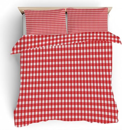 Bettwäsche 220x240 Rot-Weiß Kariert 3D Druck Bettbezug 220x240 Geometrisches Muster Bettwäsche-Sets Weiche Mikrofaser Bettwäsche Set 3 Teilig Bettbezüge für Doppelbett mit 2 Kissenbezüge I-2345