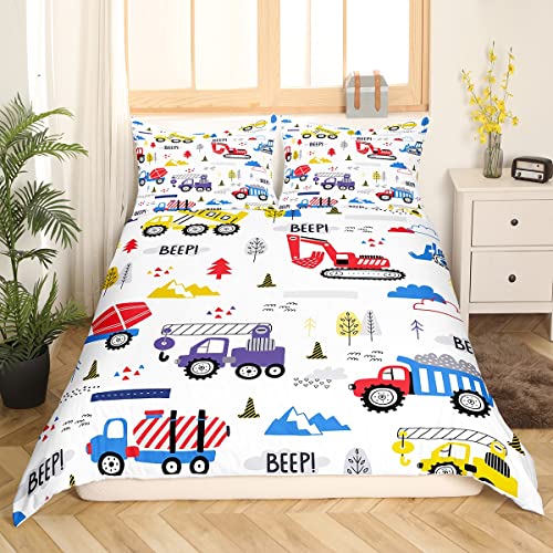 Kinder Bau LKW Bettbezug Twin Size Jungen Cartoon Autos Kleinkind Bettwäsche Set Maschinen Bagger Traktor Ausrüstung Tröster Abdeckung Niedliche Fahrzeuge Rot Blau Gelb Bettbezug mit 1 Kissenbezug