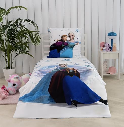 Disney Home Frozen ELSA und Anna Bettwäsche-Set 2 teilig - Bettwäsche 135x200 und Kopfkissenbezug 80x80-100% Baumwolle Super Weich - Doppelseitiger Kinder Bettwäsche für Mädchen