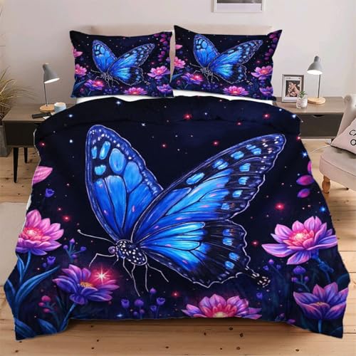 Nuphtun Bettwäsche 140 x 200 cm Blauer Schmetterling, 3-Teiliges Atmungsaktive Bettdeckenbezüge 140x200 cm, 100% Microfaser Bettbezug + 2 Kopfkissenbezügen mit Reißverschluss D207