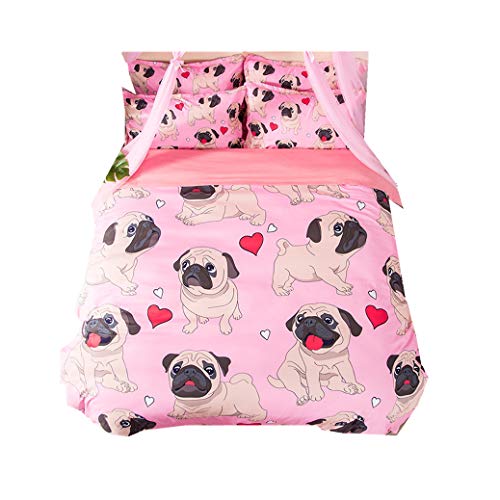 Sticker Superb Bettdecken Sets, Rosa Bettbezug, Welpen Mops Liebe Herzform Mädchen Bettbezug + Kissenbezug (140 x 200 cm)