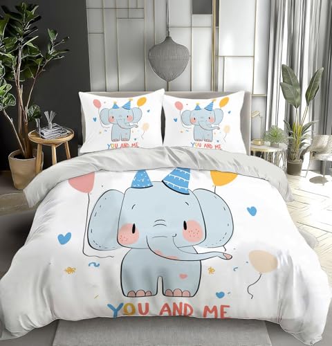TDNEKMCA Bettwäsche 155x220cm 3 teilig Süßer Elefant Tier Wendebettwäsche Weiche Mikrofaser Bettbezug mit Reißverschluss und Kissenbezug 80x80cm, Hellblau