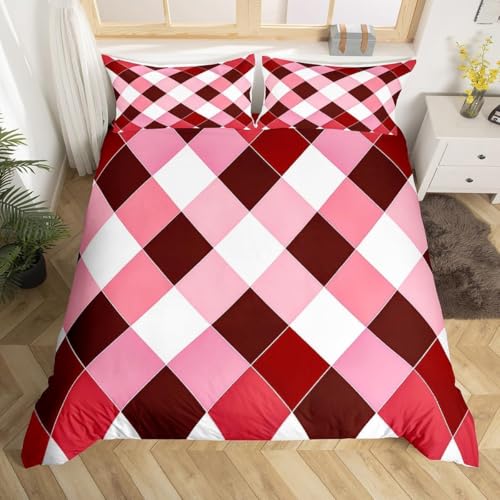 Geometrisches Muster Bettwäsche 140x200 3D Bettwäsche-Sets Rot Kariert Bettbezüge Weiche Kuschelig Mikrofaser 3 Teilig Bettbezug mit Reißverschluss und 2 Kissenbezüge 80x80 cm C-231