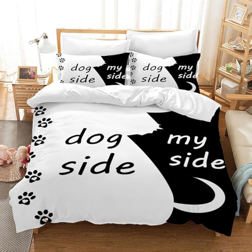 UGZDEA Hundeseite und Meine Seite Bettbezug Set 260x240cm, Bettwäsche 3 Stück Set Schwarz Weiß Weiches Mikrofaser Steppbrett Set für Erwachsene Schlafzimmer Dekoration (A, Super King?260x240cm?)