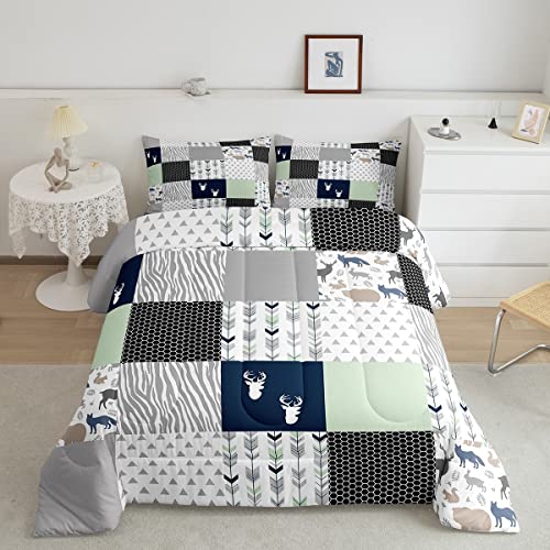Hirschgeweih Silhouette Bettwäsche-Set Voll, Zimmerdekoration, klassisches Plaid Patchwork Bettwäsche-Set Pfeil Wabenstruktur Bettdecke Einsatz mit 2 Kissenbezügen