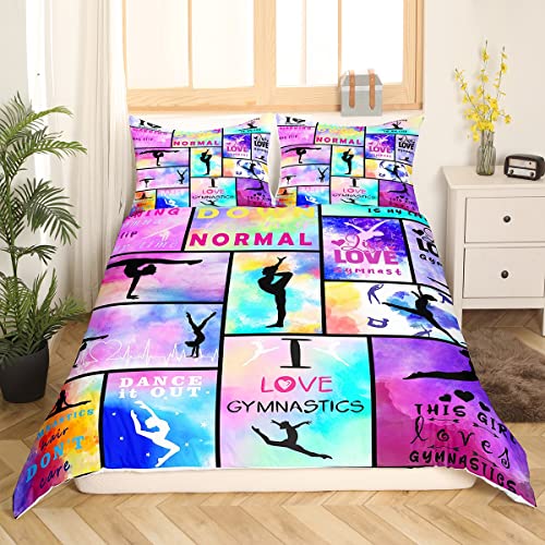 Gymnastik Bettwäsche 135x200 für Mädchen Frauen Jugendliche,Regenbogen Krawatte Dye Bettbezug Gymnastik Tänzer Bettwäsche Set Geometrische Karierte Patchwork Bett Set mit 1 Kissenbezug,Rosa Lila