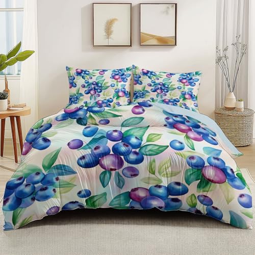Bettbezug Wendbar Bettwäsche Aquarell Blaubeere botanisch Sets,100% Bettbezug Hellblau Mit Reißverschluss mit 2er Kissenbezüge, Pflegeleichter 180 x 200 cm