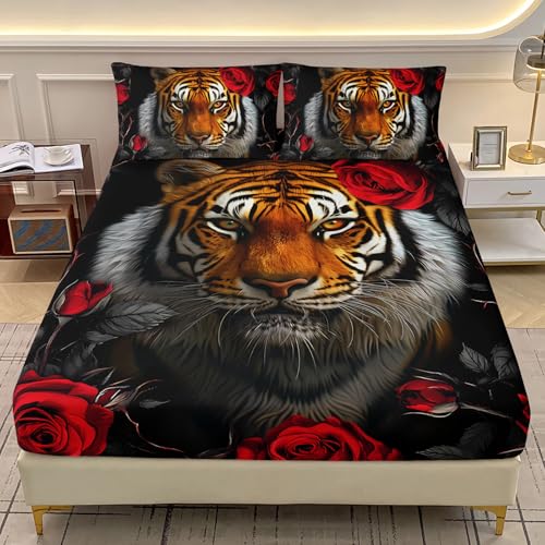 AILONEN Kinder-Bettwäsche-Set für Doppelbett, XL, Tiger, 3D-Druck, Wildtiere, für alle Jahreszeiten, Ölrote Rose, tiefe Tasche mit 2 Kissenbezügen, 3-teilig, leichte, weiche Mikrofaser