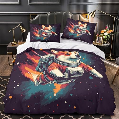 CTYQKZVPM Corgi-Astronaut 3D Bedruckt Bettdeckenbezug 3teilig Mikrofaser leichtgewichtig Weltraumabenteuer Bettbezug 2 Kissenbezüge maschinenwaschbar Kinderzimmer Deko Single?140x200cm?