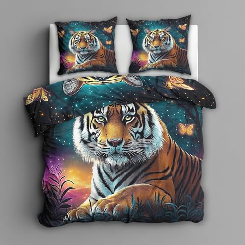 Generisch Tiger Bettwäsche 220x240 3tlg, 2 Kissenbezüge 80x80 - Wilde Tiere Design Wendebettwäsche, Weiche Mikrofaser Bettbezug mit Reißverschluss, Deko & Geschenke - Yax126
