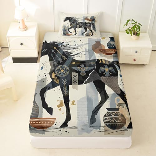 Exotisches Pferd Einbaublech L Größe Vintage Landhaus Design Bettdeckung 2pcs Tribe Ethnische Tierdrucke Bettwäsche Set für Erwachsene
