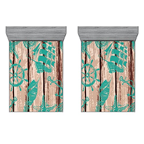 ABAKUHAUS Nautisch 2er-Satz Spannbetttuch, Shell Helm und Schiff, Soft Dekorativer Stoff Bettwäsche Rund-um Elastischer Gummizug, 140 cm x 200 cm, Türkis und Braun