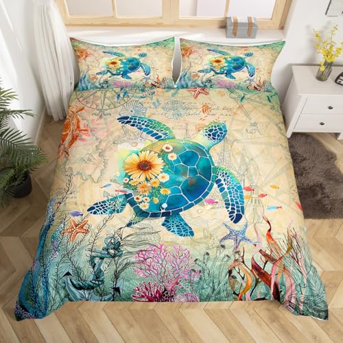 Meer Schildkröte Bettdecke Set s Größe, Retro Ocean Adventure Theme umkehrbare Quilt Abdeckung mit 1 Kissenbezügen, Anker Koralle Seestern Druck atmungsaktive Bettwäsche Set (NO Decke), weich