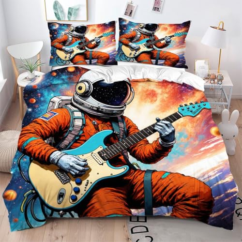 ZZXHG Bettwäsche Mikrofaser 3teilig 3D-Astronaut Jugend, Bettbezug 135 x 200 mit Reißverschluss, Bettwäsche-Sets Kinder Einzelbett, 1 Bettbezüge + 2 Kissenbezug 80x80 cm_A5024