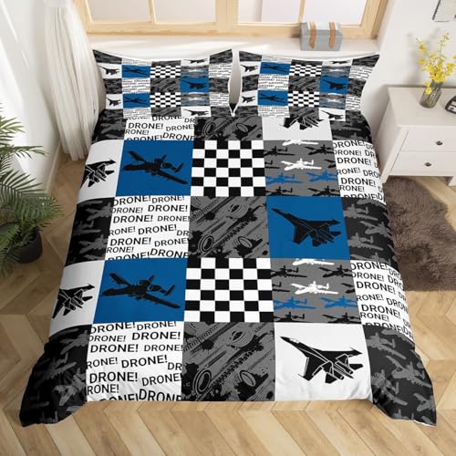 Flugzeug Bettwäsche Set S Größe,Geometrische Plaid Patchwork Bettbezug Set,Militär Thema Tröster Bezug für Kinder Jungen Mädchen Teens Zimmer Dekor,Schwarz Weiß Blau Quilt Cover,1 Kissenbezug