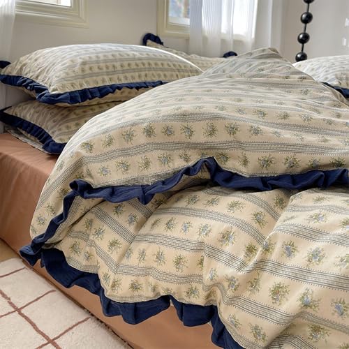 GETIYA Elegant Grün Blumen Bettwäsche 135x200 Baumwolle Bettwäsche Beige Mädchen Damen Bettwäsche mit Blau Rüschen Gestreift Bettbezug Zweiteilig mit Reißverschluss und 1 Kissenbezug 80x80