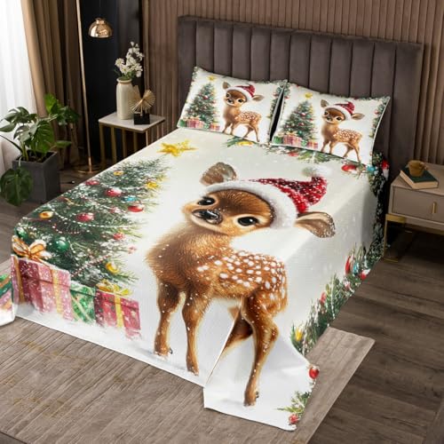 Weihnachten Hirsch Bettwäsche für Kinder Jungen, Nette Tier Weihnachten Grün Kiefer Geschenke Coverlet Set Schlafzimmer Dekor, Happy New Year Winter Holiday Quilt Set mit 1 Kissen Sham, S Größe