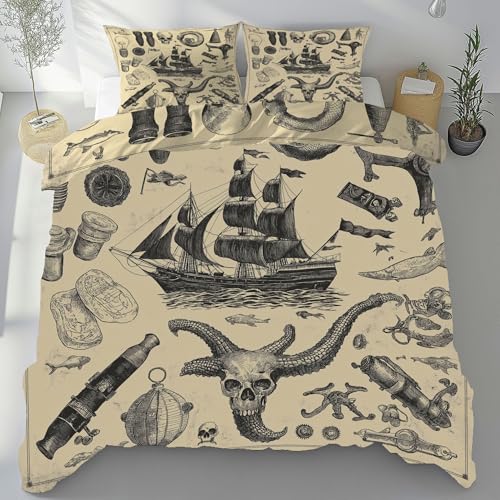 Tyafsgvqo Piraten Segelboot Bettbezug 155x220 cm 3 Teilig, Stier Schädel Wende Bettwäsche Weich Bügelfrei, Vintage Nautische Thema Bettwäsche Set Mikrofaser mit 2 Kissenbezug 80x80 cm