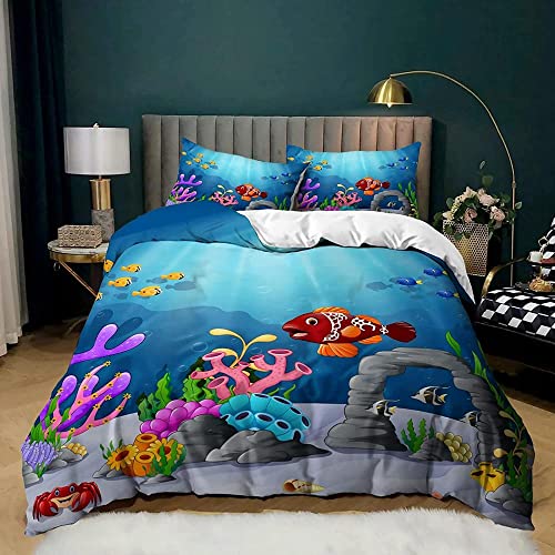 Bettbezug 135 x 200 2er Set, Unterwasserwelt Winter Warme Bettwäsche Set mit Reißverschluss, Weich Mikrofaser Bettbezüge und 1 Kissenbezug 80x80 cm für Kinder Jungen Mädchen