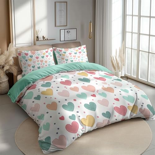 Bettwäsche Vintage Herzform Muster Mikrofaser Bettbezug 180 x 200 cm + Kissenbezug 80x80cm, Daunendecke Bettdecke Cover, Kinder Mädchen Wendebettwäsche Türkis