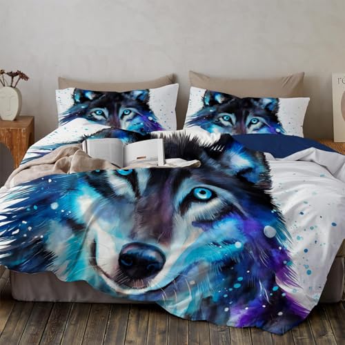 GSAEIMCT 3D Blau-Violett Magischer Wolfskopf Bettwäsche Set Single 135X200Cm,Weiches Mikrofasermaterial,Wende- Duvet Mit Reißverschluss,Aquarellt iere Bettbezug Inklusive Kissenbezügen
