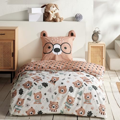 Bettwäsche Set Bär 2-teilig - 135x200 cm Deckenbezug & 80x80 cm Kissenbezug mit Ohren - Kinderbettwäsche Braun mit Bärchen - 100% Baumwolle mit Reißverschlüssen - Renforcé Qualität, Oeko-Tex Bettwäsche Set Bär 2-teilig - 135x200 cm Deckenbezug & 80x80 cm Kissenbezug mit Ohren - Kinderbettwäsche Braun mit Bärchen - 100% Baumwolle mit Reißverschlüssen - Renforcé Qualität, Oeko-Tex