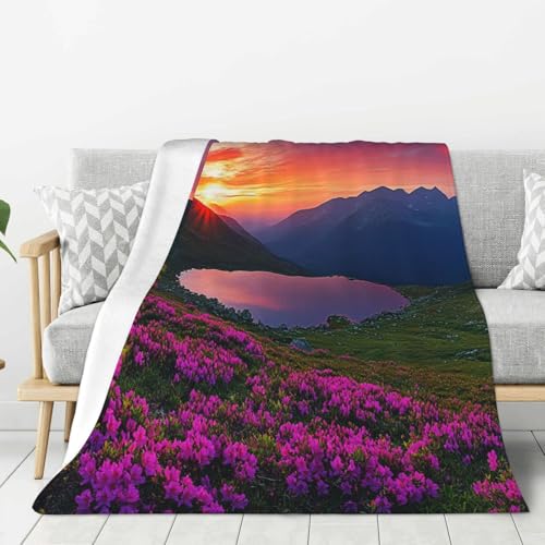 LKINHJGKUT Warme Flanelldecke, Motiv: Meadow Mountain Scenic, Berge, Flanelldecke, Natur, violette Blumen, Überwurfdecke für Bettwäsche, Sofa, Couch, 76 x 102 cm