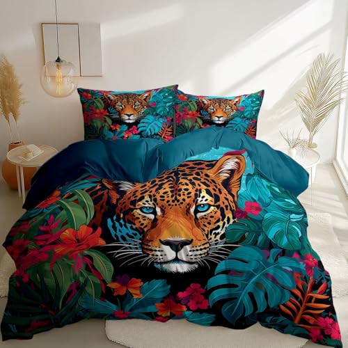 Bettbezug 135 x 200 cm mit Reißverschluss 3Teilig Weiche Bettwäsche Tropischer Leopard Bettwäsche Doppelseitig Atmungsaktive Weiche Bequemer Bettbezug Mit Blau