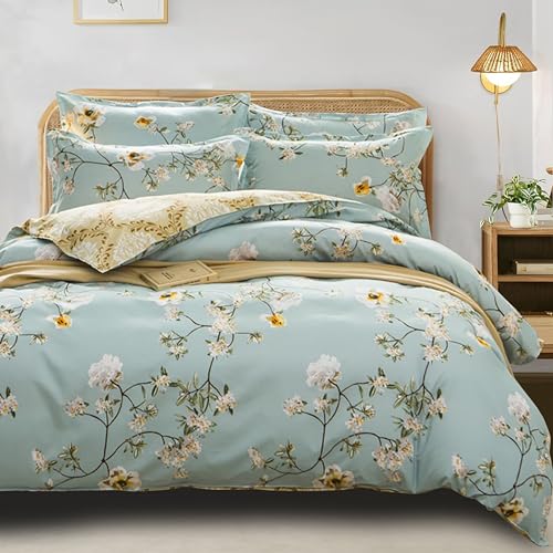 Freyamy Blumen Bettwäsche 135x200cm 4teilig Grün Bunt Floral Elegante Bettwaren-Sets 100% Microfaser Weiche Mädchen Bettbezug 2 Bettdeckenbezüge mit Reißverschluss und 2 Kissenbezug 80x80cm